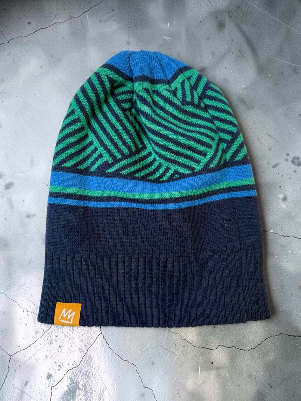 25.26 A Mammoth Beanie Navy Green Blue Striped Winter Hat - Picture 2 of 3